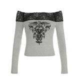 Joskaa Gothic Print Cropped Top Black Lace Stitched Off-shoulder Slash Neck T-shirts Casual Spring Tees Y2k Aesthetic Blouses