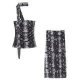 Joskaa Women Fashion 2 Piece Set Tulle Leopard Pleated Tops & Vintage High Waist Midi Skirt Female Chic Lady Skirts Set