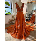 Joskaa BOHO Orange Chiffon Elegant Party Sleeveless V-neck Long Train Evening Dress Floor-Length Flowers vestidos de fiestas-(PRE-ORDER)