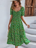 Joskaa Ladies Sexy Vintage Floral Print Boho Summer Dress Women Casual Elastic Bohemian Beach Dress Women Sundress Robe Vestidos Female