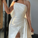 Joskaa Customized White Beaded Side Slit Veil robes de soirée Strapless Satin Party Dresses Floor-Length Trailing Prom Dress-(PRE-ORDER)