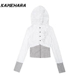 Joskaa American Retro Patchwork Knitted Hooded Sweatshirt Jacket Autumn High-end Feeling Y2k Spicy Girl Slim Fit Short Jackets