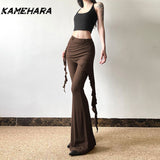 Joskaa American High Street Ballet Lace Street Cool Punk Style Capris Fake Two Irregular Tassel Straight Leg Casual Pants Y2k