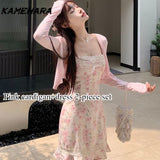 Joskaa Japanese Y2k Sweet Spicy Small Satin Textured Floral Lace Camisole Dress Casual Slim Fit Cardigan Two-piece Sets Платье