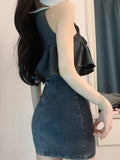 Joskaa French Vintage Denim Dress Women Causal Y2k Office Lady Slim Mini Dress Summer 2025 Korean Fashion Elegant Retro One Piece Dress
