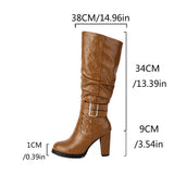 thanksgiving outfit Joskaa Women Knee High Boots Round Toe Block Heels 9cm Buckles 34cm High 49 48 Vintage Riding Booties