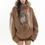 cold weather outfits Joskaa Y2K Womens New Winter Maillard Hottie Fur Collar Hoodie Retro Cat Print Pattern Hooded Sweatshirt Loose Thickened Simple Hoodies