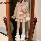 Joskaa Autumn French Sweet Pink Collar Bubble Sleeve Knitted Cardigan Harajuku Style Versatile Short Skirt Y2k Two Piece Sets