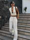 thanksgiving outfit Joskaa Elegant Vest Pant Sets Women White V-neck Sleeveless Button Short Top Wide Leg Pants Female 2024 Summer Fashion Office Lady Set