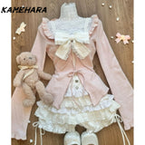 Joskaa Japanese Cute Little Fresh Camisole Y2k Subculture Pink Slimming Cardigan Fashion Patchwork Cake Skirt Three Piece Sets