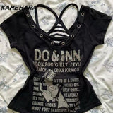 Joskaa E-girl Gothic Grunge Top Millennium Y2K Punk Rock Black Letter T-shirt Top Striped Strap American Design Two Piece Set