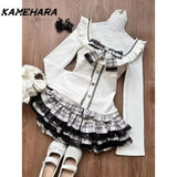 Joskaa Cute Soft Girl Style Gray White Checkered Lace Patchwork Short Skirt Bow Waist Cinching Patchwork Top Autumn Y2k Sets