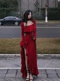 Joskaa 2025 Spring Women Elegant Long Slevee Midi Dress Female Red Square Collar Ruffle Party Dress Christmas Irregular Prom Dress