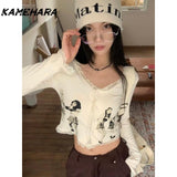 Joskaa Japanese Spring Lace Patchwork Long Sleeved T-shirts Spicy Girl Design Slim Fit and Slimming Printed Tops 민소ë§?í‹?여성 Y2k