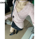 Joskaa Sexy V-neck Ribbon Peach Pink Lady Long Sleeved Knitted Cardigan Irregular Hem Autumn Winter Sweet Y2k Blouse ブラウス シフォン