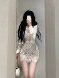 Joskaa Elegant Lace Dress Suit Woman Short Party Sleeveless Mini Dress Korea Fashion Casua White Short Cardigan Office Lady 2025 Autumn