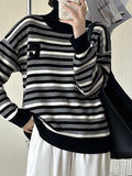 christmas outfit Joskaa Long Sleeves Loose Contrast Color Split-Joint Striped High Neck Pullovers Sweater Tops