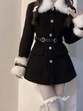 Joskaa 2025 Winter Black Elegant Coats Women Casual Sweet Warm Long Sleeve Fur Collar Dress Coat Korean Fashion jacket Outwear Chic New