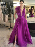 Joskaa Purple V-neck Prom Dress فستان سهرة  Sleeveless Customized Vestido De Novia Organza Prom Gown Hydrangea Ball Party Dress-(PRE-ORDER)