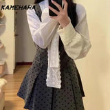 Joskaa Spring Autumn Wave Dot Dress Korean Version Bow Tie Up Shirt Women's Small Fragrant Style Mini Skirt Chic 2 Piece Sets