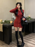 Joskaa 2025 Autumn Winter Red Warm Knitted Sweater Dress Slim Korean Fashion Y2k Mini Dress Woman Casual Short Party Dress Outwear