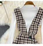 Joskaa Woolen Plaid Suit Skirt Female Strap Dress Two-piece Sweater