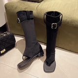 Joskaa Square Toe Clip Low Heel Fabric High Tube Cool Boots 2025  New Splicing Sleeve Belt Buckle Low Heel Mid Tube Summer Women's Boots