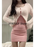 Joskaa Autumn Sexy Strap Y2k Mini Dress Sets Women Pink Sweet Sweater Tops Elegant Bodycon Slim 2 Piece Skirt Dress Korean Fashion 2025