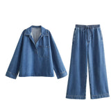 thanksgiving outfit Joskaa 2024 Spring Summer Casual Denim Women Suits Fashion Vintage Turn-down Collar Pocket Shirts+Chic Drawstring Wide Leg Pants