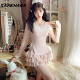 Joskaa Japanese Sweet Kawaii Girl Round Neck Lace Slit Top Harajuku Style Slim Fit Pink Cake Skirt Y2k Two-piece Sets Платье