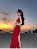 Joskaa 2025 Summer Red Sexy Holiday Dress Suit Hot Girls 2000s Sweet Casual Camios + Elegant Fashion Midi Skirt Beach Style Clothing