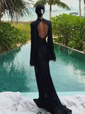 Joskaa Black Lace Hollow Out High Split Long Dress Sexy V-neck Slim Fit Long Sleeved Waistband Dresses Summer Beach Vacation Robes 2025