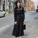 Joskaa Gothic Black Y2k Dress Women 2025 Autumn Casual Lace Long Sleeve One Piece Dress Korean Evening Party Elegant Midi Dress Female