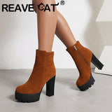 thanksgiving outfit Joskaa Classic Short Booties Round Toe High Heel 12cm Platform 4cm Flock Suede Big Size 43 Sexy Daily Boot