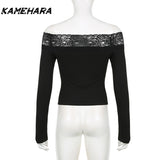 Joskaa Black Lace Stitched Slash Neck Crop Tops Elegant Sexy Skinny Long Sleeve T-Shirts Women Harajuku Y2k Spring Tees Basic