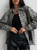 christmas outfit Joskaa Casual Leopard Print Denim Jacket for Women, Spring Loose Fit with Pockets and Buttons, Trendy Vintage Mid-Length Denim