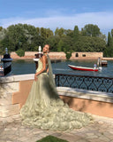 Joskaa Elegant Strapless Long Train Party Dresses Detachable Shawl vestido de gala noche mujer Floor-Length Organza Dress Women-(PRE-ORDER)