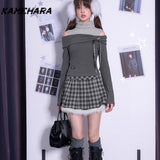 Joskaa Japanese Kawaii Pure Desire One Shoulder Fake Two-piece Knitted Top Spicy Girl Pleated Skirt Set Harajuku Y2K Clothing