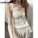 Joskaa American Lace Patchwork Camisole Women's Summer New Fashion Slim Fit Dopamine Sleeveless Spicy Girl Tops 민소ë§?í‹?여성 Y2k