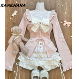 Joskaa Japanese Cute Little Fresh Camisole Y2k Subculture Pink Slimming Cardigan Fashion Patchwork Cake Skirt Three Piece Sets