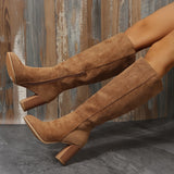 Joskaa Boots Women Cowboy Heels Western Chunky Shoes Leather Knee High Long Elegant Designer Plus Size New Rock Pole Dance Brown