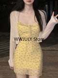 Joskaa 2025 Autumn Sweet Korean Fashion Suit Woman Thin Casual Cardigan + Floral Strap Y2k Mini Dress Party Beach Elegant Dress Chic