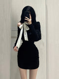 Joskaa 2025 Winter Sexy Slim Bodycon Y2k Mini Dress Woman Black Elegant Short Party Dress Outwear Casual One Piece Dress Korean Fashion