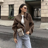 Joskaa Casual Solid Short Woolen Jacket Women Vintage Lapel Long Sleeve Zipper Crop Coats 2024 Autumn Lady Cozy High Street Outwears