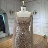 Joskaa Customized Champagne Beaded Square Collar robes de soirée Long Sleeves A-line Party Dresses Floor-Length Prom Dress 2024-(PRE-ORDER)