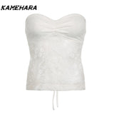 Joskaa Solid Backless Bandage Corset Top Sweet Lace Stitched Strapless Tube Tops Women Sexy Club Party Tee Y2k Camis 민소ë§?í‹?여성