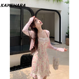 Joskaa Japanese Y2k Sweet Spicy Small Satin Textured Floral Lace Camisole Dress Casual Slim Fit Cardigan Two-piece Sets Платье