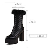 thanksgiving outfit Joskaa Women Knight Boots Round Toe Block Heels 11cm Platform Hill Fur Mid Calf Bota Size 47 48