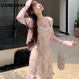 Joskaa Japanese Y2k Sweet Spicy Small Satin Textured Floral Lace Camisole Dress Casual Slim Fit Cardigan Two-piece Sets Платье