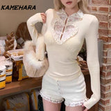 Joskaa Sexy Sweet Long Sleeved T-shirt Autumn Winter Hollow Top Autumn Lace Heart Bottom Camis 민소ë§?í‹?여성  العاب جنسية Y2k Top